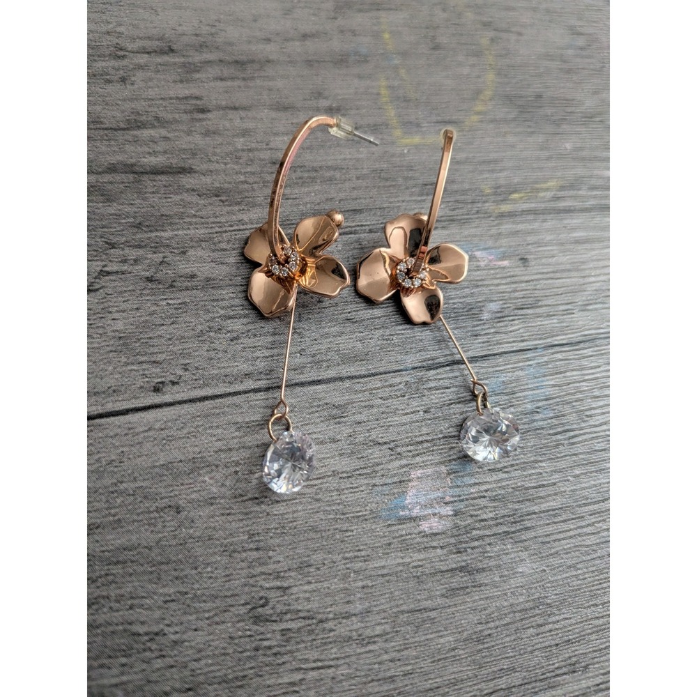 Rose Gold Tone Floral Hoop Drop Earrings with Crystal Accents Womens Jewelry